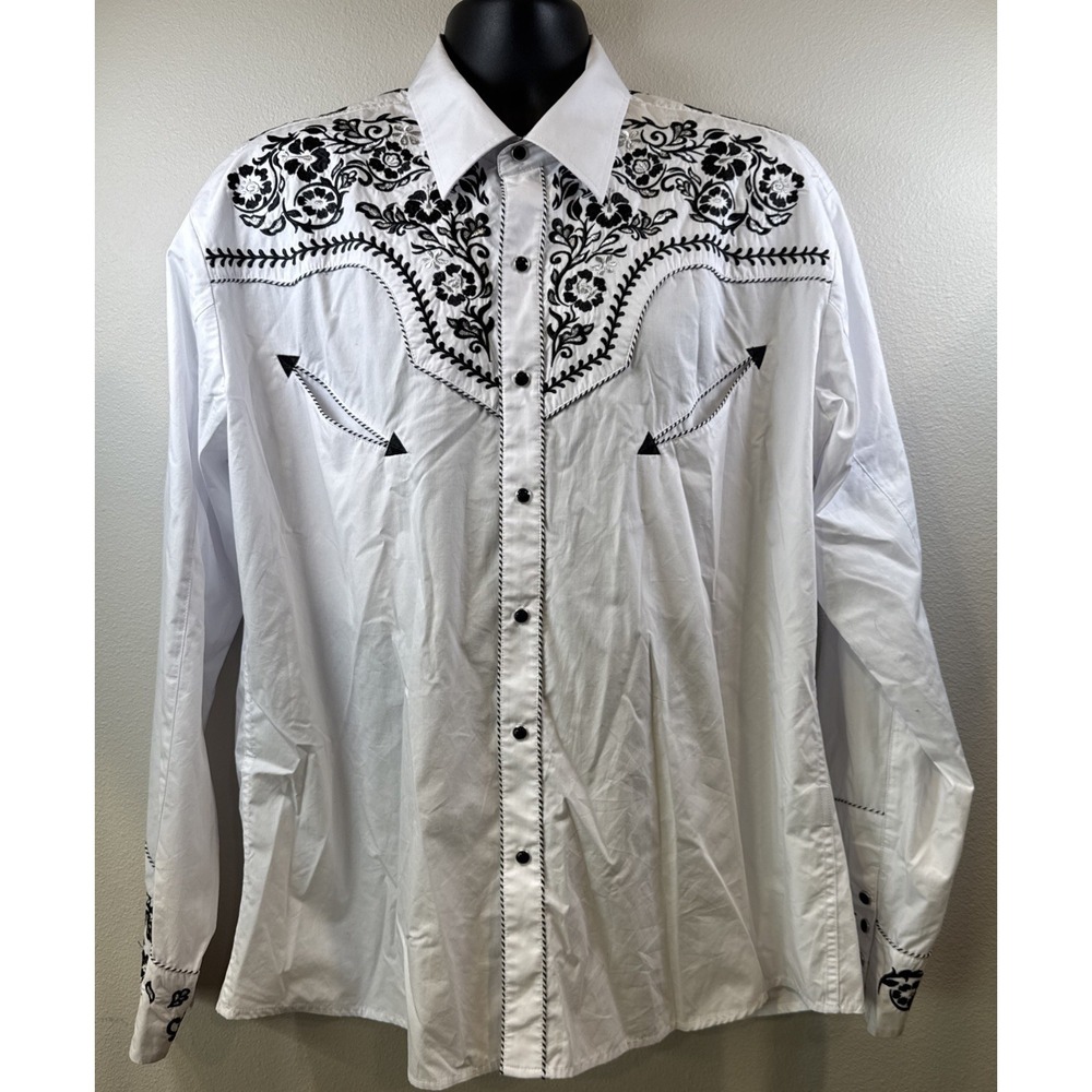 Salvaje Oeste Mens XXL Western Shirt White Black Embroidered Cowboy Pearl Snap‎ - Picture 2 of 5